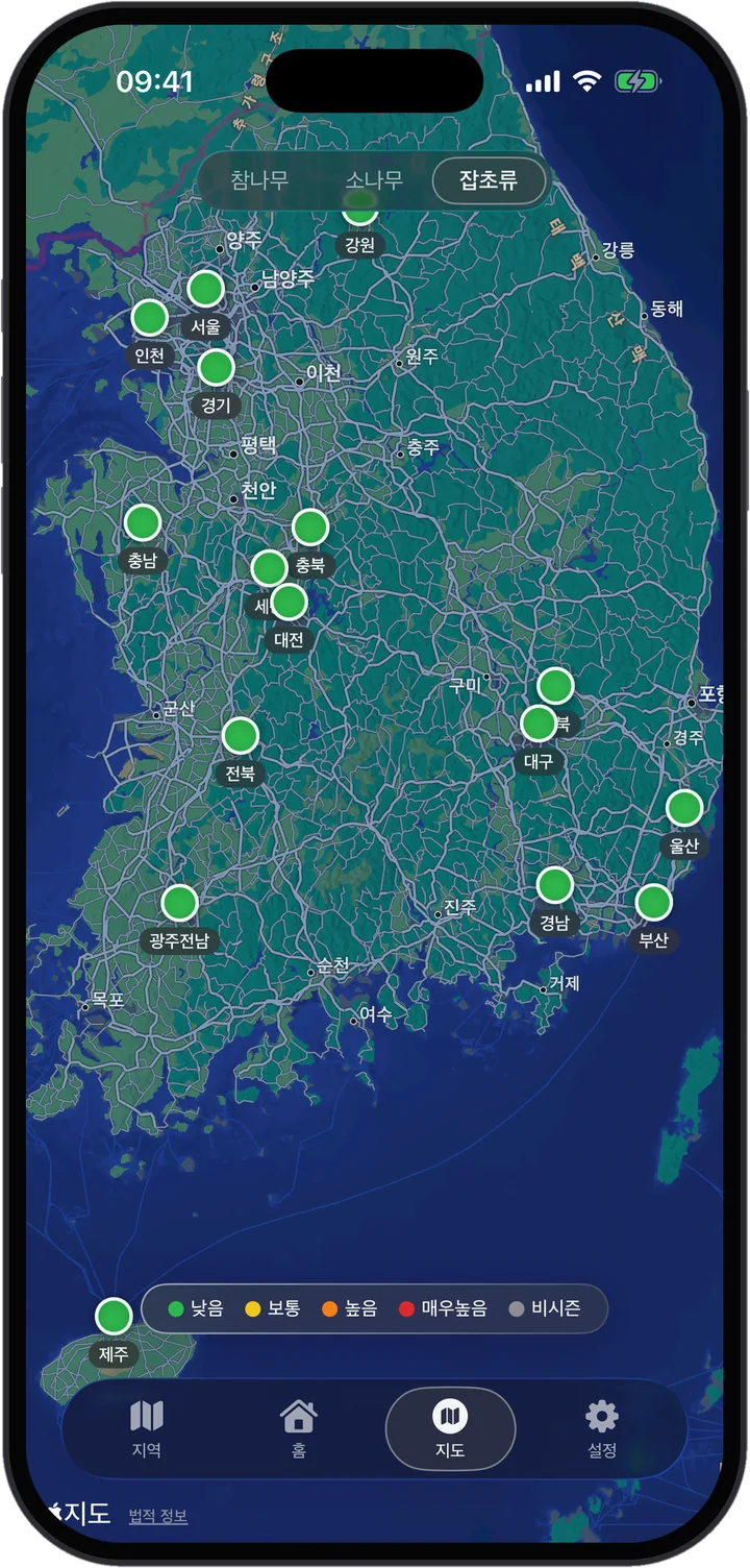 전국 꽃가루 지도 화면